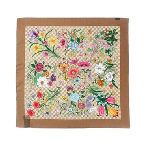 Gucci Printed Gg Silk Twill Carre, Brown